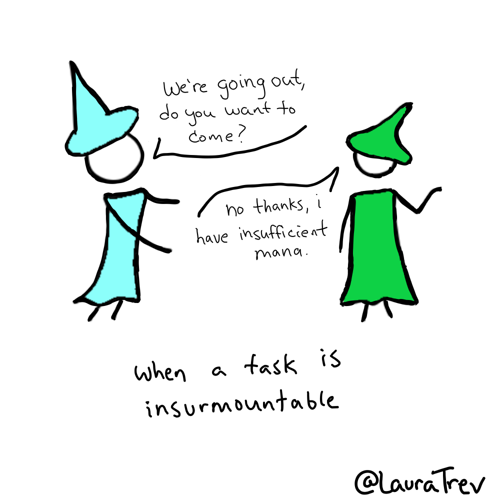 When a task is insurmountable: 'we're going out, wanna come?' you can say, 'no thanks, I have insufficient mana.'